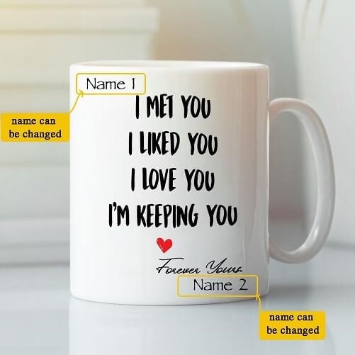 A mug with a personalized message that reads 