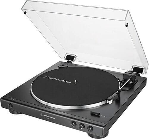 A stereo turntable that operates with a belt drive system,